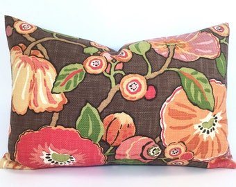 Large Scale Floral Pillow Cover in Apricot, Orange, Red and Green on a Chocolate Brown Background