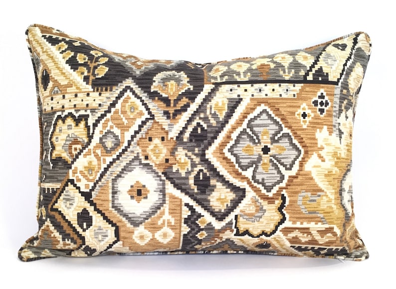 Cream Feature Fabric on BOTH Sides Warm Grays Ethnic Persian Rug-Style Boho Pillow Cover in Rich Golds Black and Ivory