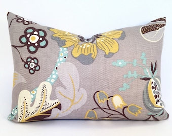 Retro Floral Pillow Cover in Golden Yellow, Brown and Seafoam Blue on a Putty Gray Background - Feature Fabric on Both Sides