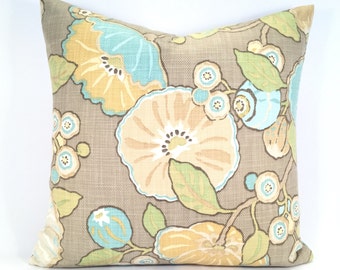 Floral & Berry Print Pillow Cover in Buttery Yellows, Sky Blue and Soft Greens on a Mushroom Background