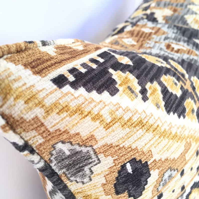 Cream Feature Fabric on BOTH Sides Warm Grays Ethnic Persian Rug-Style Boho Pillow Cover in Rich Golds Black and Ivory
