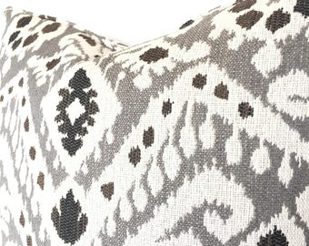 Boho Ikat Pillow Cover in Warm White, Smoky Gray and Charcoal Black - Soft, Heavy Upholstery Fabric on Both Sides