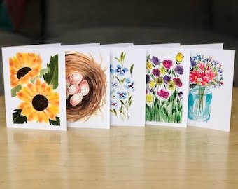 Set of 5 Watercolor Cards, Printed