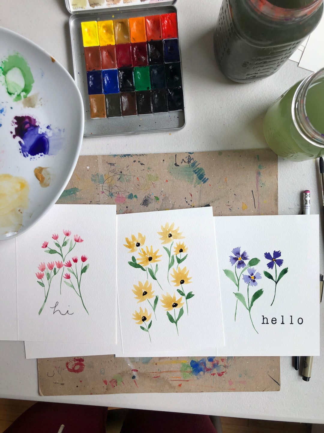 Set of 3 Watercolor Flower Cards Etsy