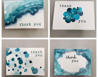 Set of 4 Blue Watercolor Thank You Cards