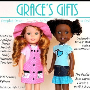 May include: Two 14.5 inch dolls wearing pink and blue outfits. The doll on the left is wearing a pink and white polka dot dress with a denim overall and a pink hat. The doll on the right is wearing a blue and white striped shirt with a denim skirt and a blue and white polka dot ruffle. The text "TERRIFIC LIL' TEES-14.5" is at the bottom of the image.