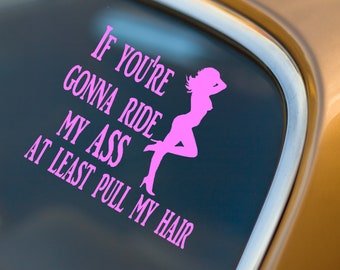 If you're gonna ride my ass at least pull my hair Vinyl Car Decal, Sassy Car Decal gift for friend, adult humor funny car window sticker