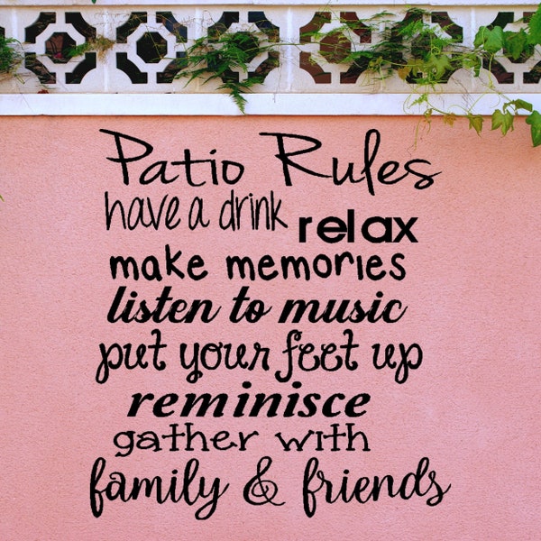 Patio Rules Vinyl Wall Decal, Vinyl Decals for outside patio area, Cute Patio Rules Sign, Patio wall art and decorations,