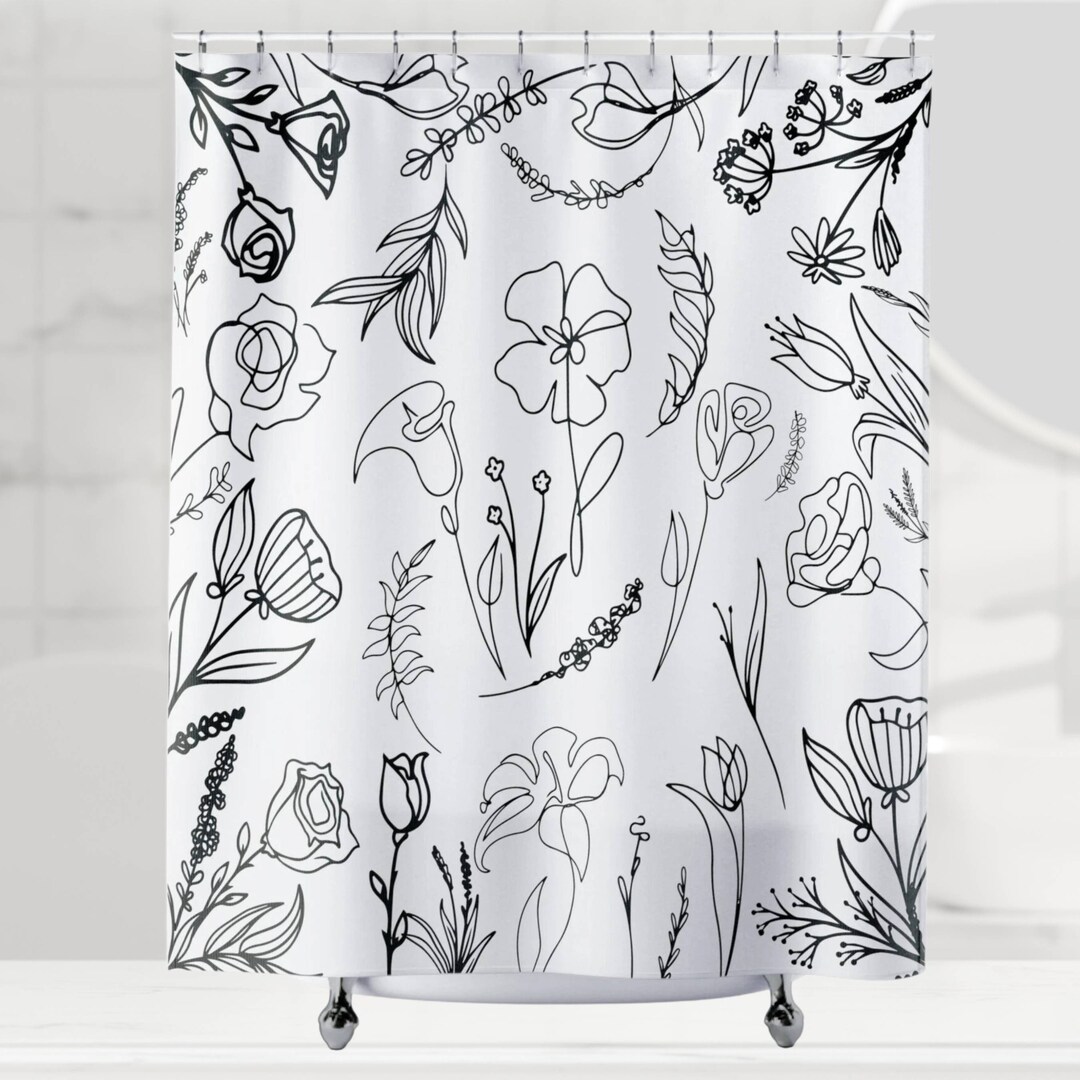 Black and White Flower Shower Curtain, Floral Bathroom, Flower Bathroom