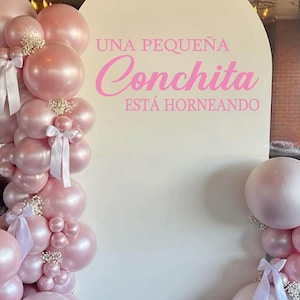 May include: A pink balloon arch with white ribbons and floral accents frames a white backdrop. The backdrop features the text "UNA PEQUEÑA Conichita ESTÁ HORNEANDO" in pink, suggesting a celebratory event or party.