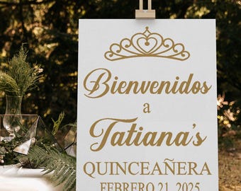 Bienvenidos a Quinceanera Vinyl Decal Removable Sticky Letters Personalized Name and Date 15th Birthday Party Entrance Sign