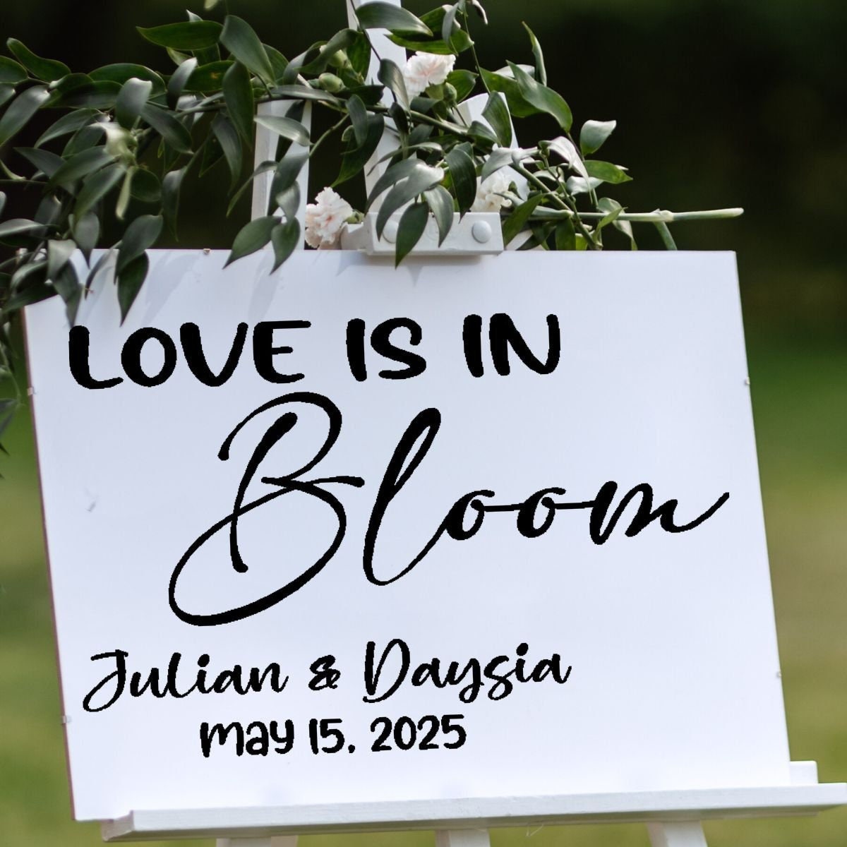 Love is in Bloom custom name date vinyl Decal for Bridal Shower Engagement Party DIY balloon arch Spring Event Wedding