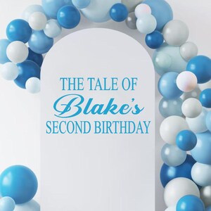 May include: A white arched backdrop panel featuring the blue text THE TALE OF Blake's SECOND BIRTHDAY, surrounded by a decorative garland of balloons in various shades of blue, light blue, and white, creating a festive display for a celebration.