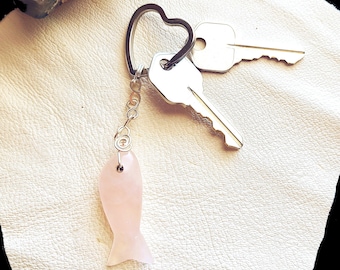 Rose Quartz Fish Key chain, Carved Gemstone Fish, Natural Rose Quartz, Fishing gift, Fishing key chain