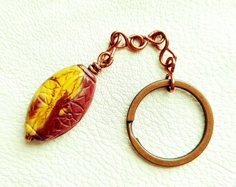 Mookaite Keychain, Gemstone Keychain, Beaded Gift, Antique Copper Key Chain, Bag Accessory, Keychain Charm