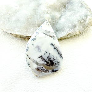 May include: A polished, teardrop-shaped gemstone with a white base and intricate black and gray dendritic patterns. The stone has a smooth, glossy surface and is set against a neutral background.
