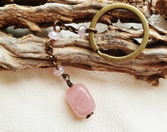 Rose Quartz Beaded Key chain, Antique Bronze Key chain, Rose Quartz, Boho Key keeper, Key chain Charm, Mom gift