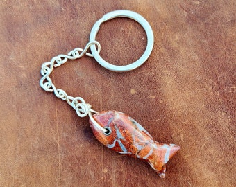 Jasper Fish Key Chain, Brecciated Jasper, Gift for Fishing, Boho Key Chain, Silver Key Ring