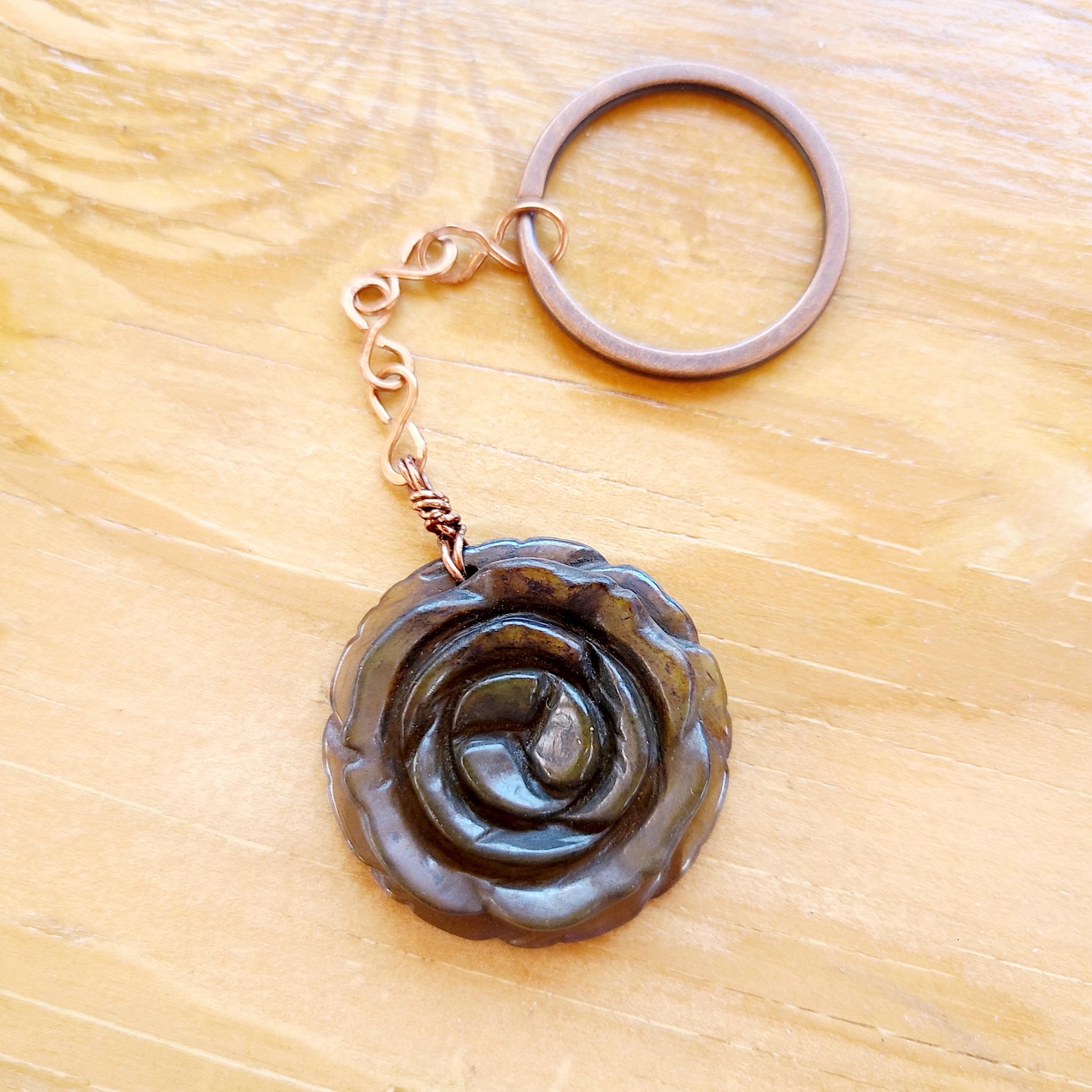 Jade Flower Keychain Carved Stone Flower Bead Keychain Antique