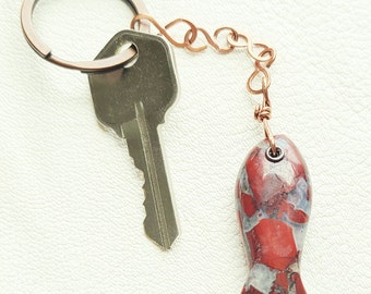 Brecciated Jasper Fish Key chain, Fisherman gift, Carved Gemstone Fish, Antique Copper Key chain, Car Accessory