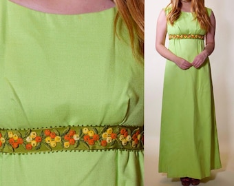 Robe maxi en soie brute vintage des années 1960 sans manches avec ruban brodé floral + bow taille femme XS-S