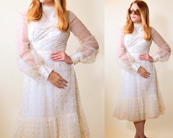 1970s vintage high collar off white long sleeve fit and flare party dress with orange polka dots women's size small