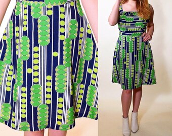 1970s vintage blue, green + white fit and flare geo print sleeveless fun summer dress women's size small