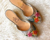 1960s vintage silver multi color beaded floral round toe slide on wedge mule shoes women 39 s US size 7-7.5