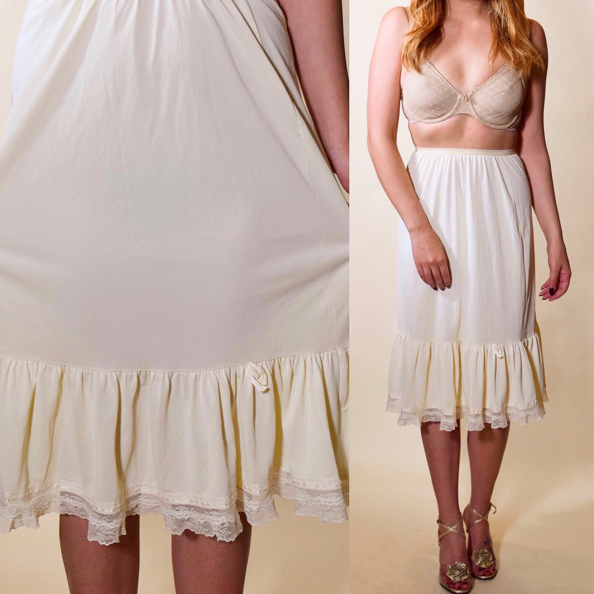 Authentic vintage off white high waisted nylon half slip skirt with ruffle hem women's size small
