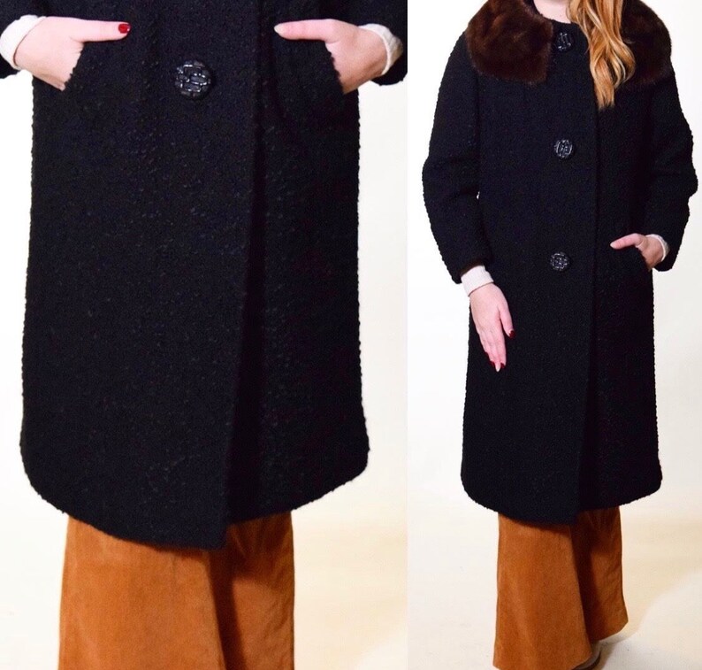 1950s vintage black Persian lambswool brown mink fur collar button down coat women/'s size medium