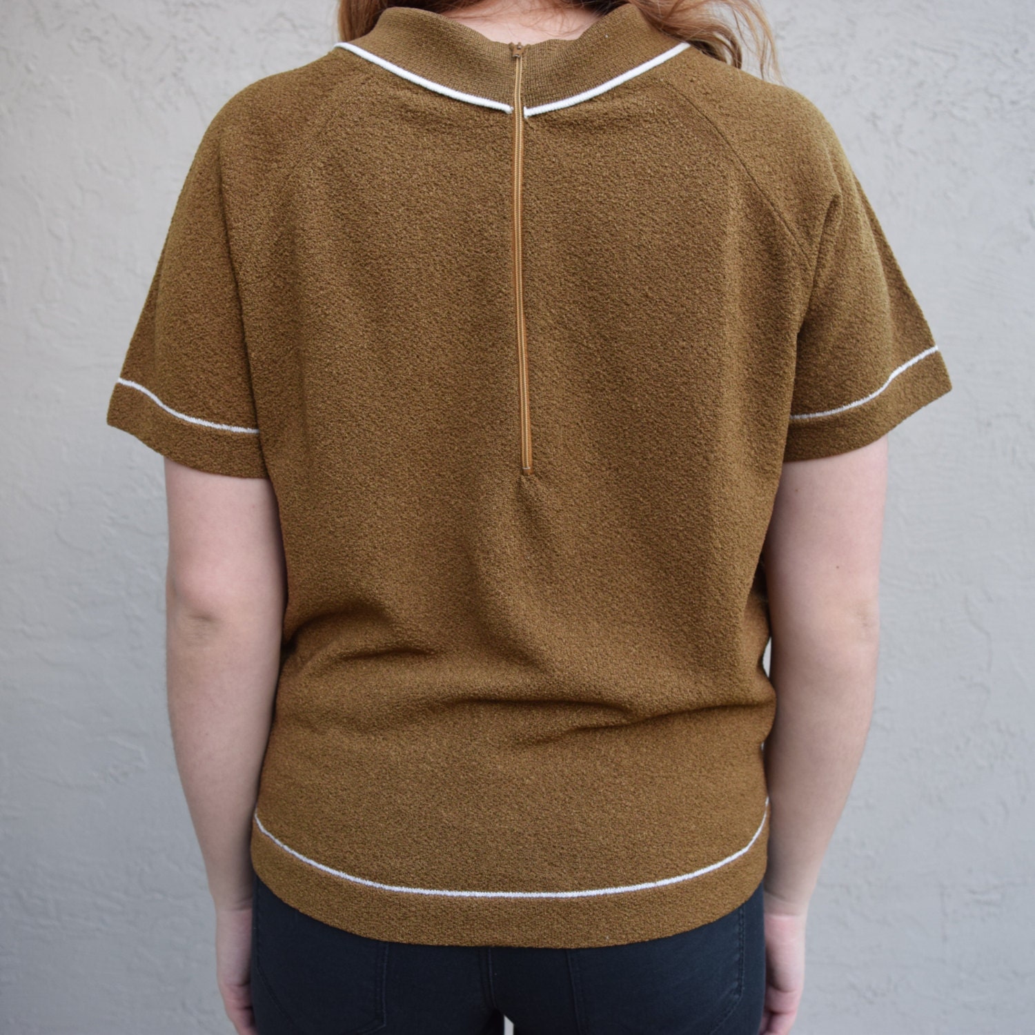 Classic vintage 1950's short sleeve mock turtleneck zip up back sweater blouse 100% Dacron 