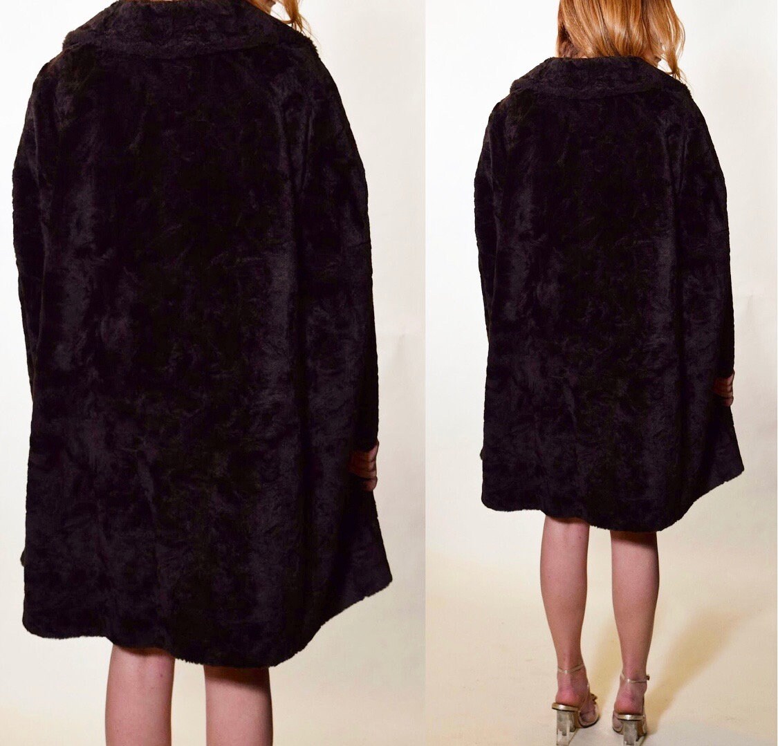 Vintage dark brown faux fur cape with pockets- women's ONE SIZE