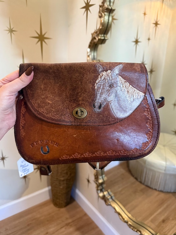 Vintage 1970s hand tooled painted purse - horse