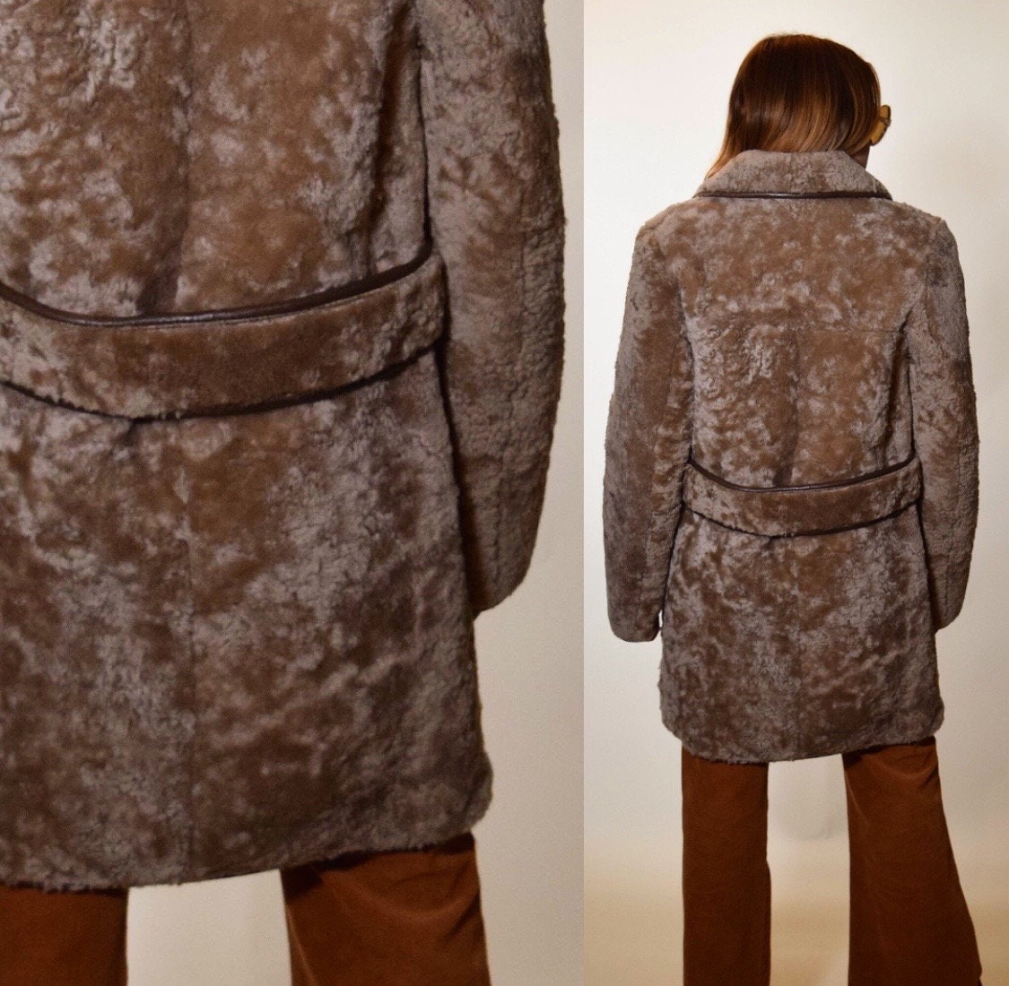 1960s vintage brown lambswool winter coat with leather trim women's