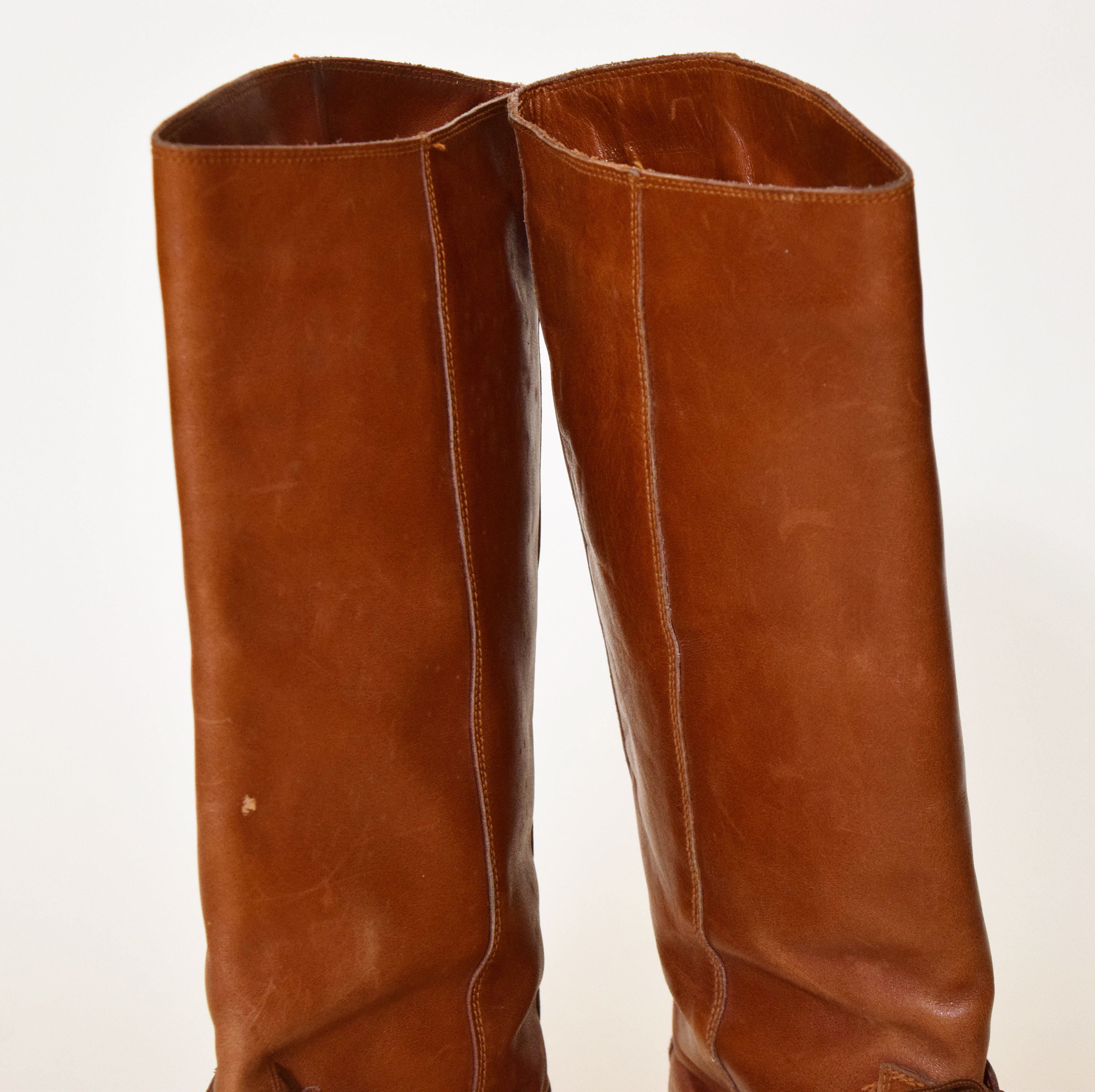 Vintage 1970s Brown Leather Tall Lace Up Boots - Raleigh Vintage