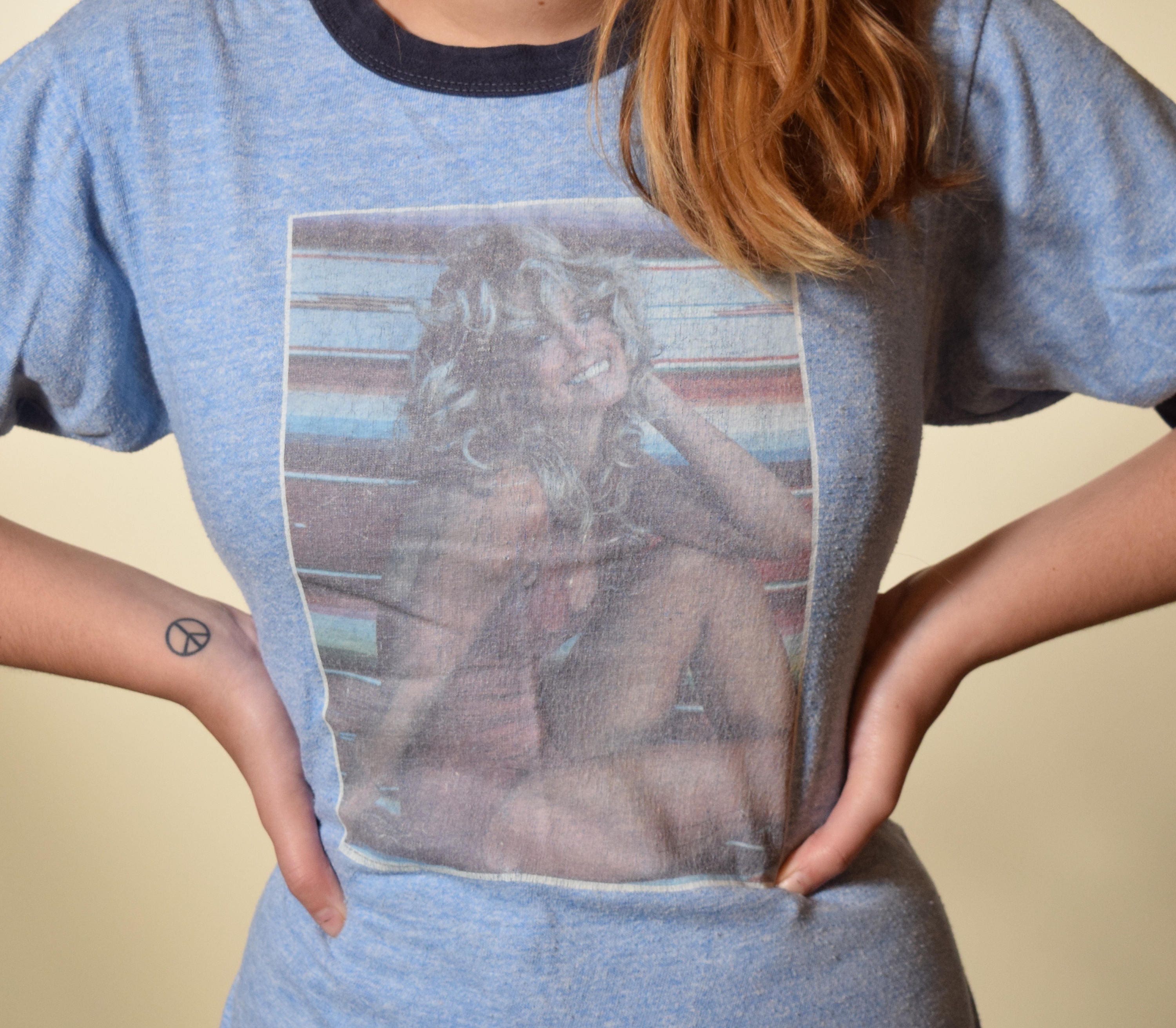 1970s Authentic Vintage Classic Farrah Fawcett 1976 Iron On Ringer Tee Shirt Size Medium