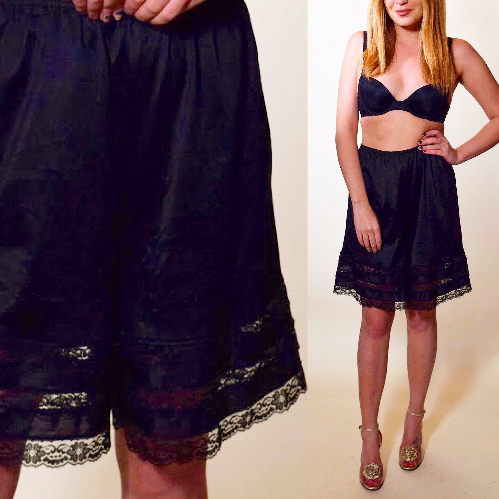 Authentic vintage black nylon lace trim Half slip bloomers / shorts women's  size medium - large