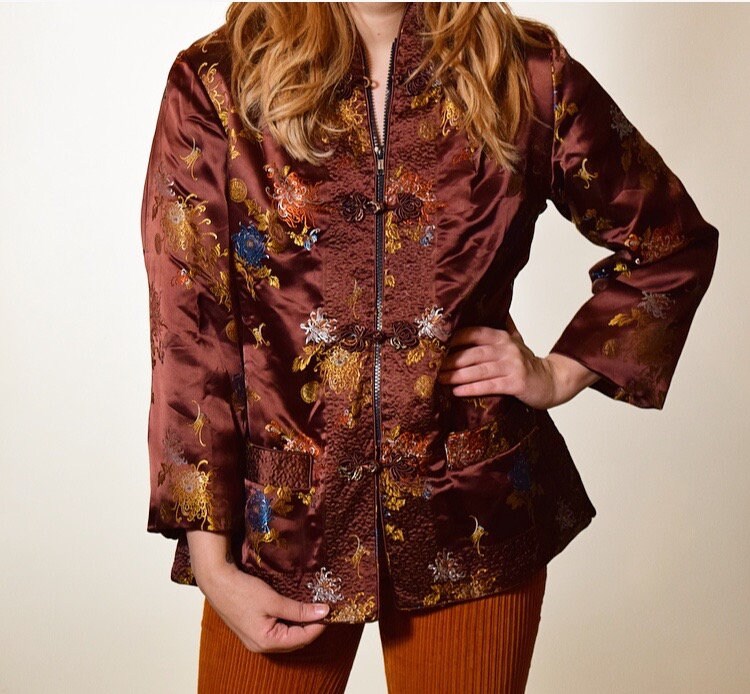 Authentic vintage oriental floral brown quilted jacket women's size medium