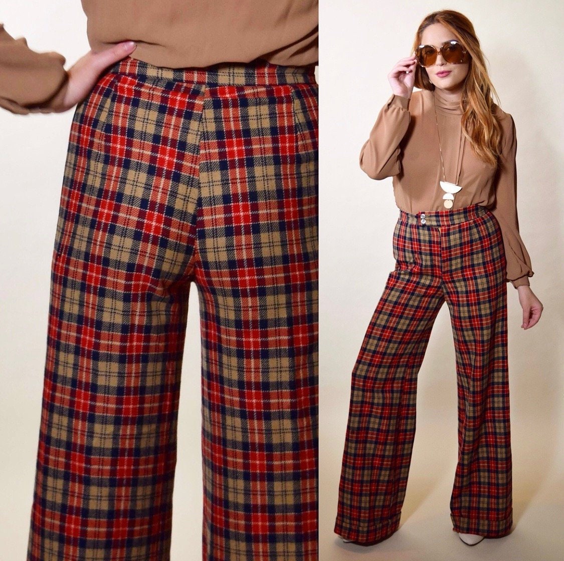 1970s authentic vintage wool plaid bell bottom high waisted pants women's  size S-M ( 28 Waist )