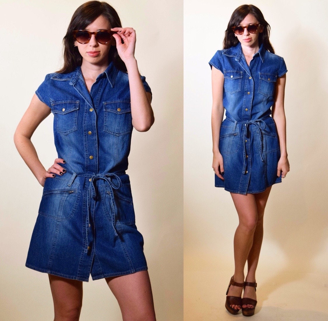 Vintage snap up denim mini dress with tie belt women's size small