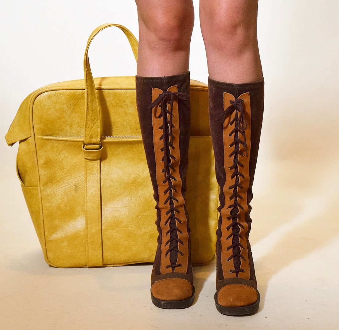 1960s-1970s authentic vintage granny lace up front two tone brown beige  Go-Go boots women's US size 5.5