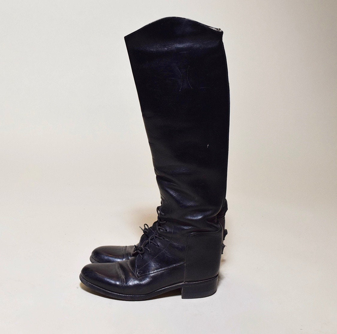 Vintage knee high tall black leather lace up front equestrian riding