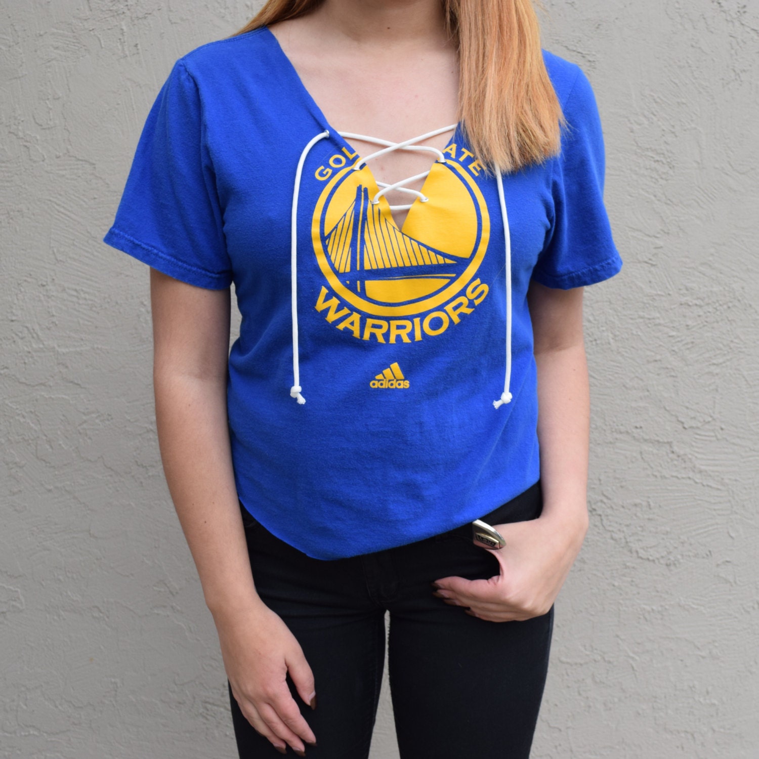 Handmade one of a kind Golden State Warriors The City Basketball lace up front v neck cropped 