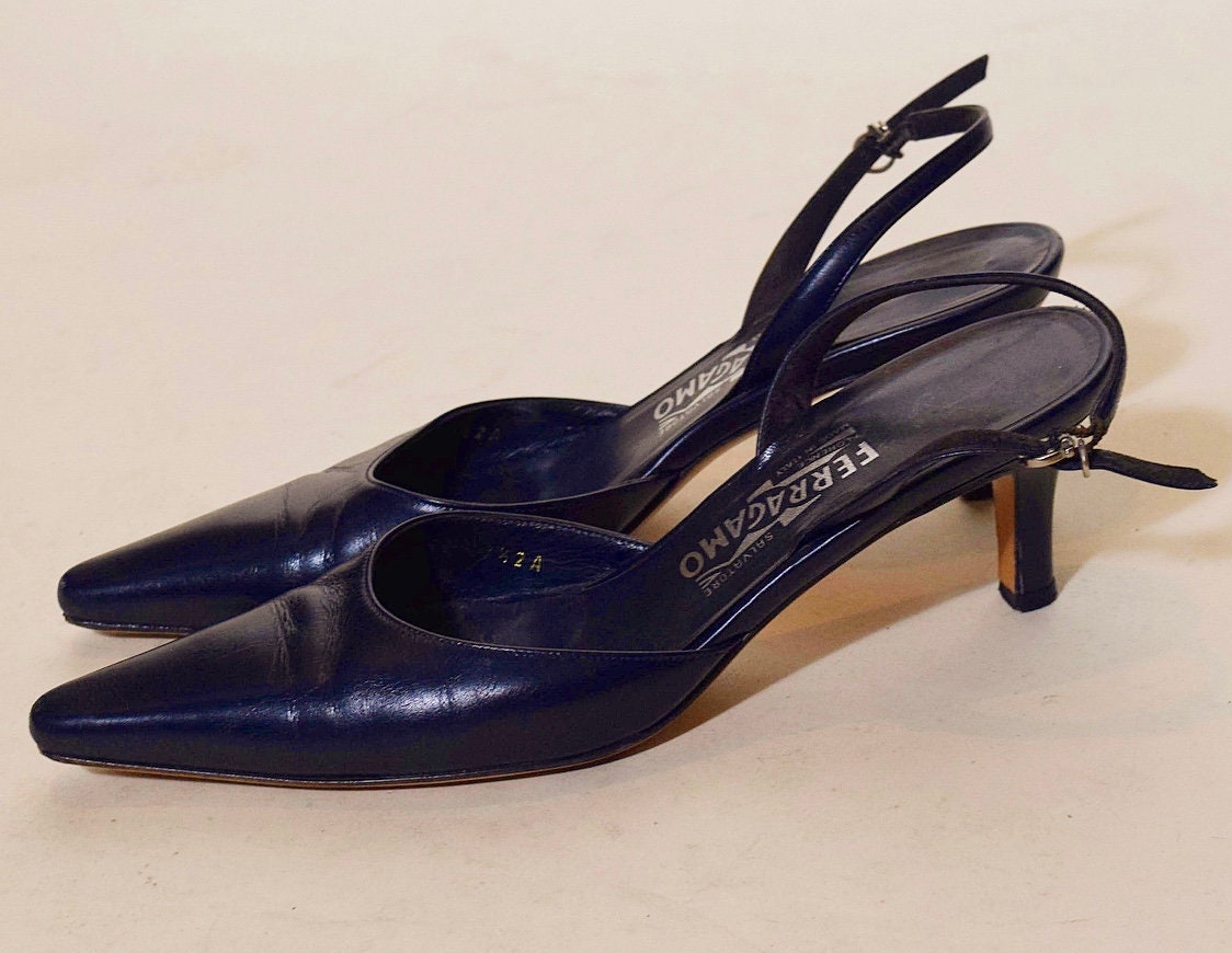 Authentic vintage Salvatore Ferragamo pointed toe navy blue sling back ...