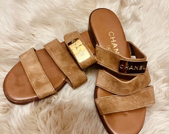 Vintage Chanel tan suede slides made in France  size 35.5.