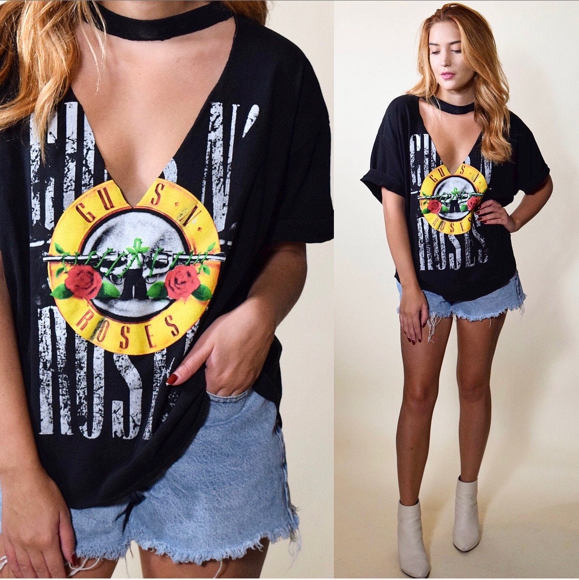 Guns N Roses hand distressed one of kind out deep v neck shirt women's oversized L-XL