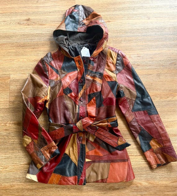 Rare 1970s vintage leather patchwork jacket with sash