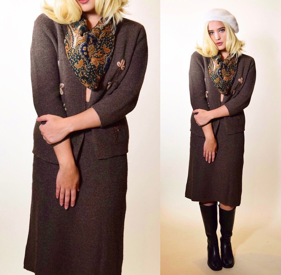 1940s-1950s two piece sweater pencil skirt wool blend embroidered set / Bonnie and Clyde / Women 