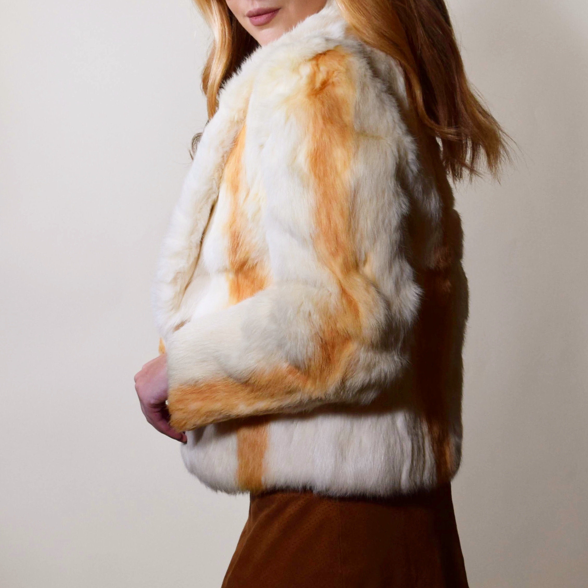 1970s authentic vintage white orange brown two tone cropped rabbit fur ...