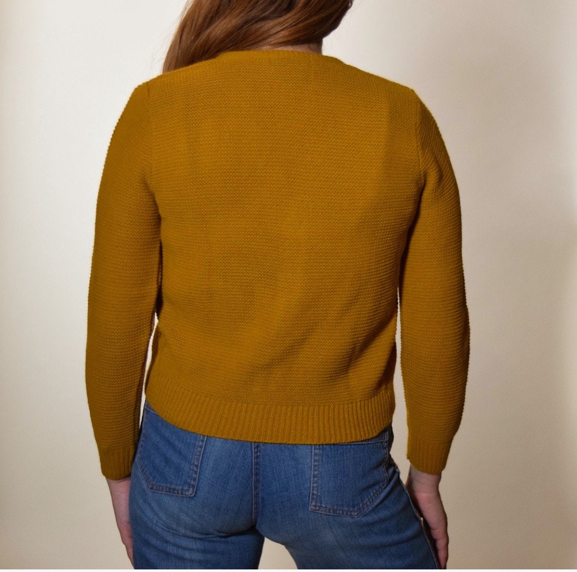 1970s vintage mustard golden yellow cropped cardigan women's size XS